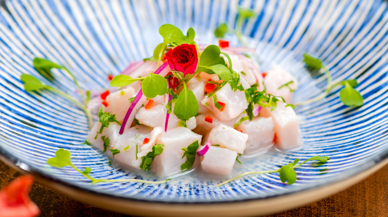 Ceviche on blue-striped plate