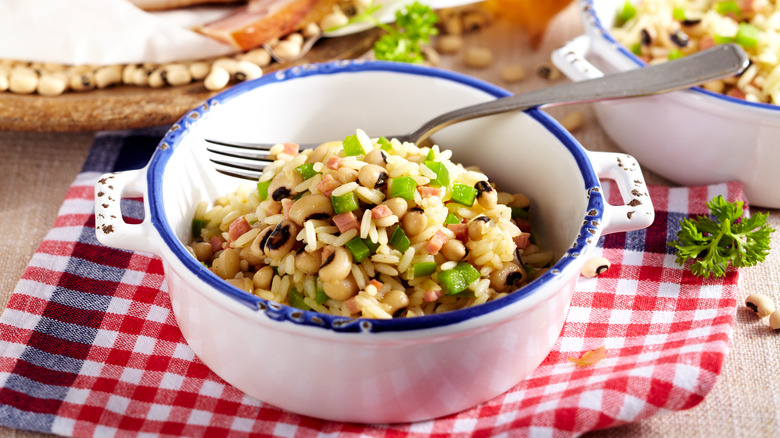 Hoppin' john in a white casserole