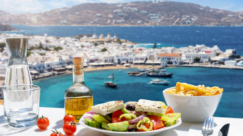 Greek salad with view of Mykonos