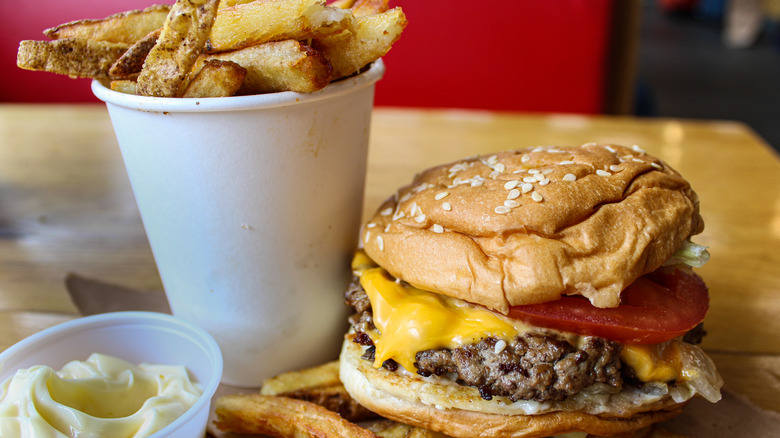 Five Guys burger, fries, mayonnaise