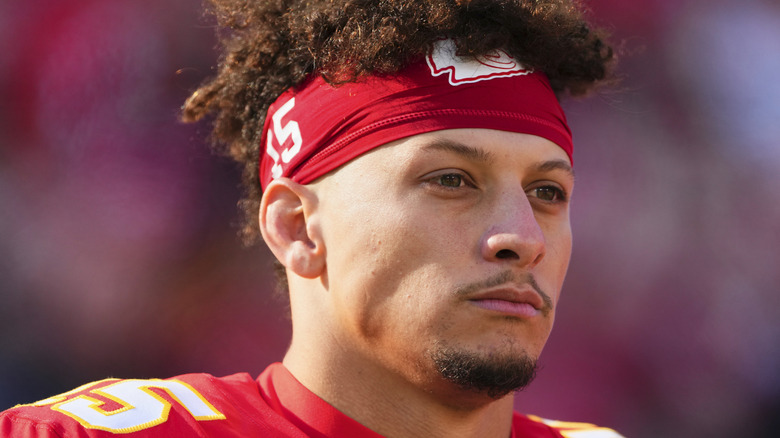 Patrick Mahomes in headband, looking intense