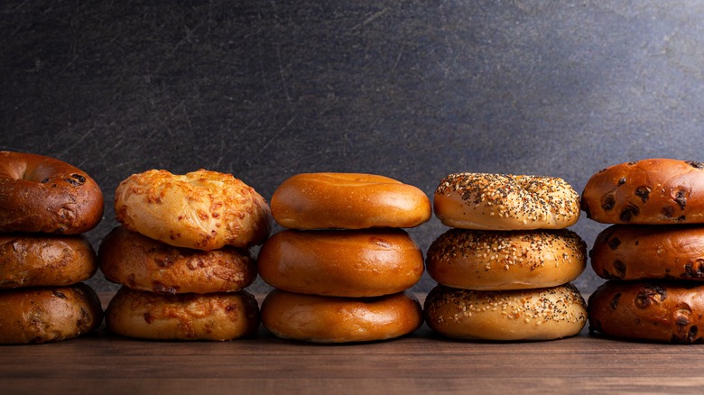 stacked varied bagel flavors