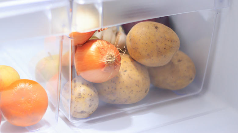 Potatoes and onions in a refrigerator drawer