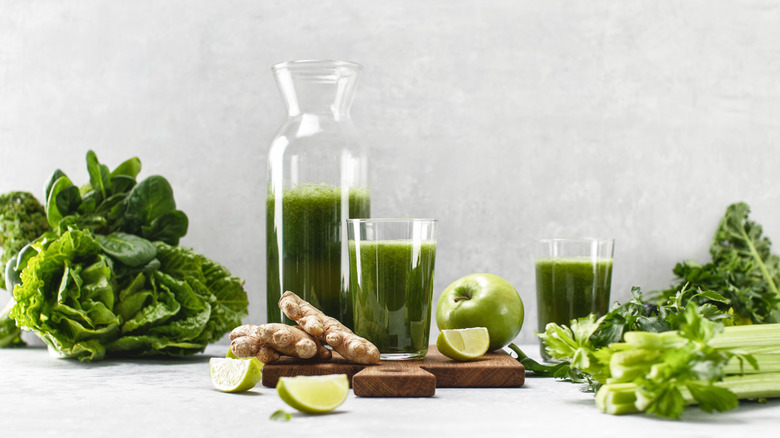 Glasses of green juice surrounded by leafy greens