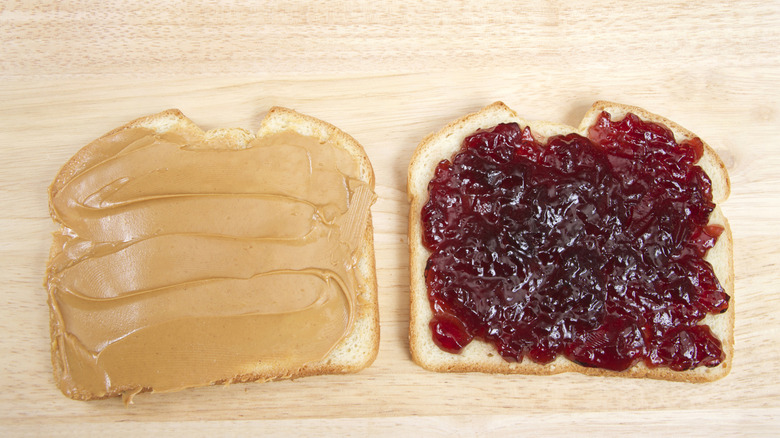 Peanut butter and jelly on two slices of bread