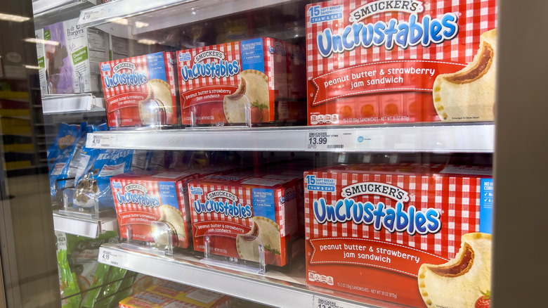 boxes of Uncrustables in the freezer