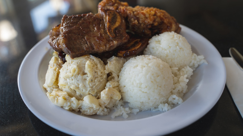 Hawaiian plate lunch with mac salad