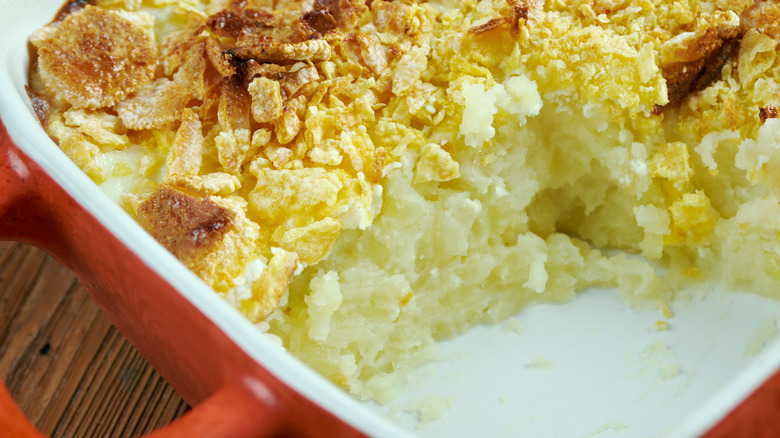 Closeup of a fresh pan of funeral potatoes