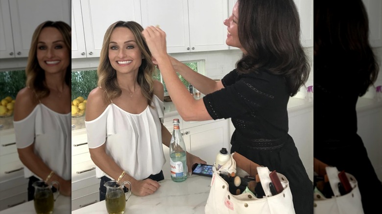 Giada De Laurentiis preparing to film cooking segment