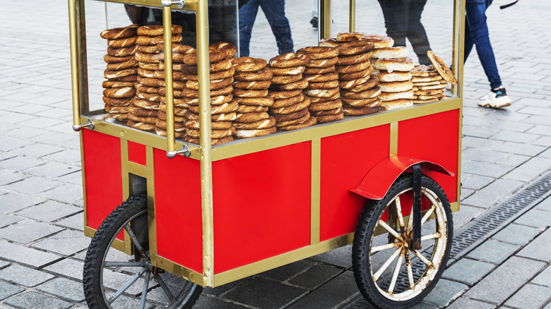 Red pretzel cart in public area