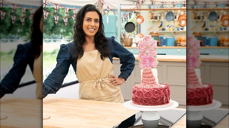 Crystelle with showstopper cake in GBBO tent