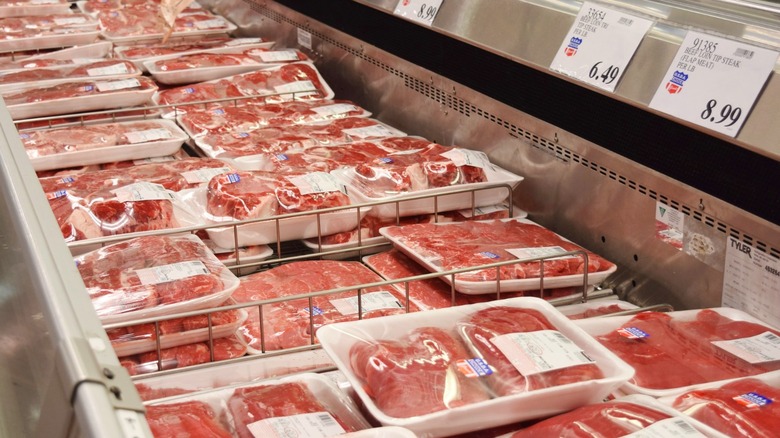 Costco steak packages in meat aisle