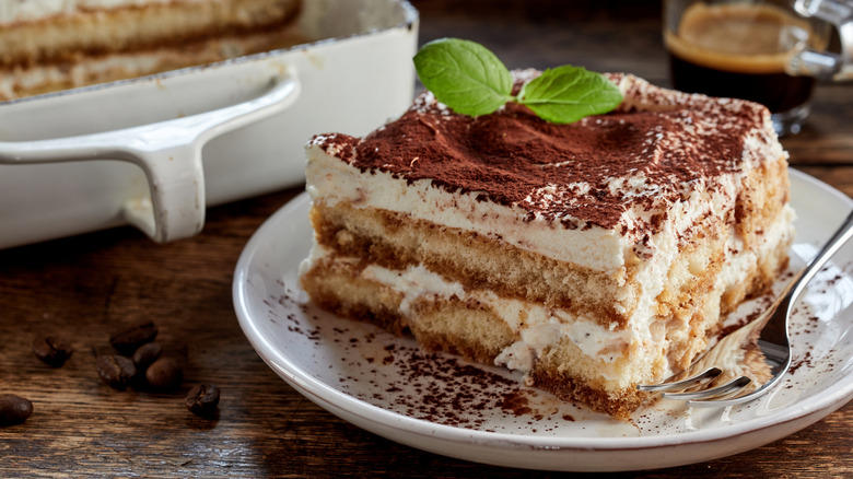 Tiramisu on white plate