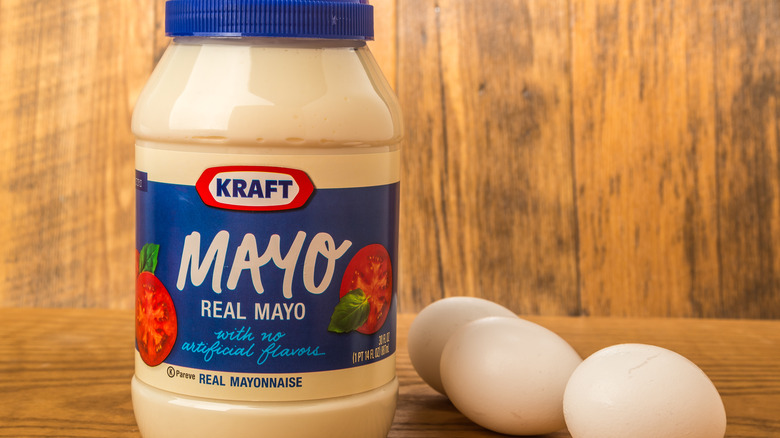 Kraft Mayo sits beside eggs