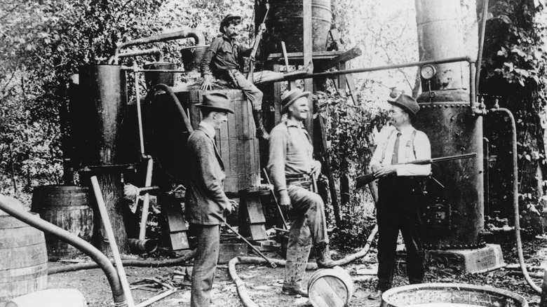 Black and white photo of a moonshine raid