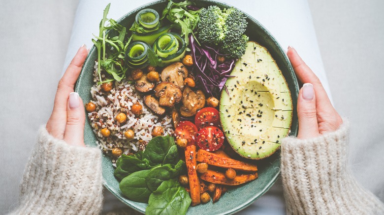 hands holding plate of vegan food