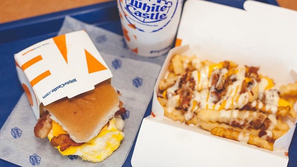 White Castle breakfast sandwich with cheese fries