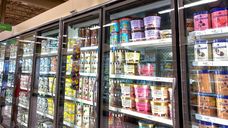 Ice cream section of grocery store