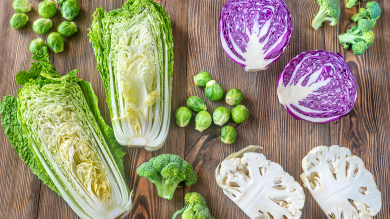 Cruciferous vegetables on wooden board