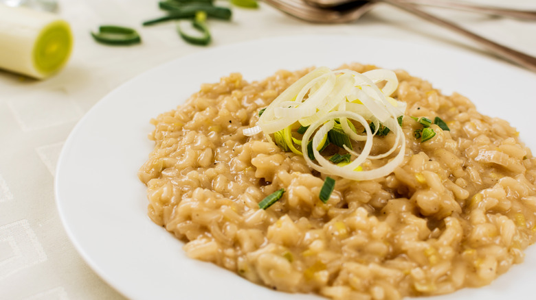 leek risotto on white plate