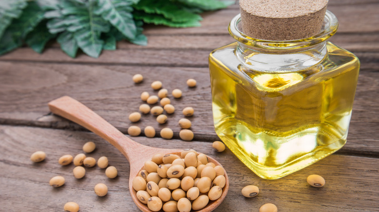 soybean oil in a jar with soybeans in spoon