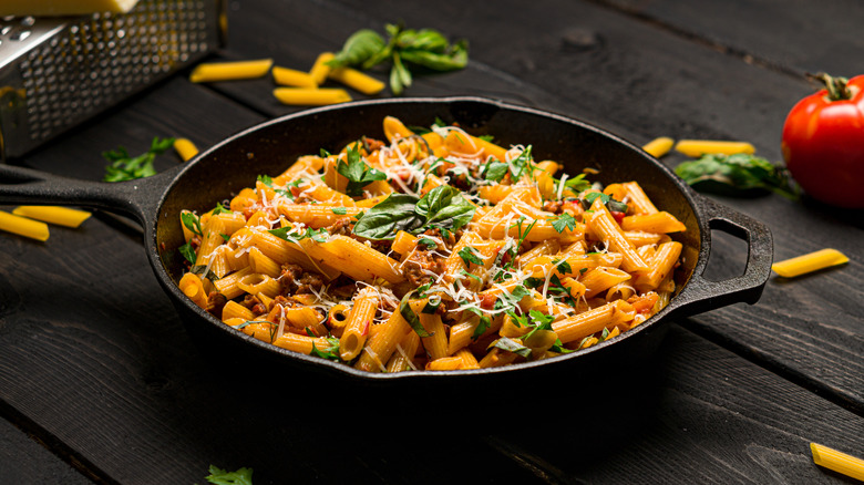 pasta in cast iron skillet