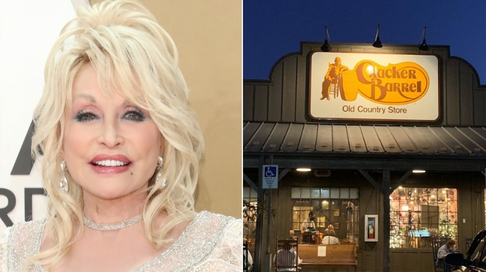 A spilt image of Dolly Parton and a Cracker Barrel location