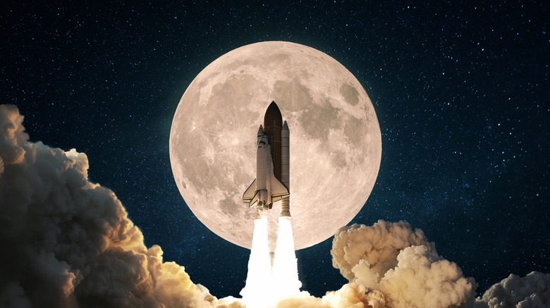 a rocket ship blasting off against the moon