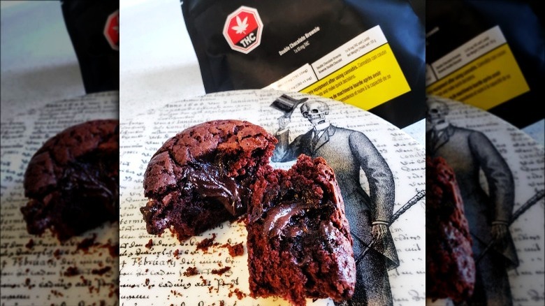 Cannabis packaging, skeleton in suit, brownie