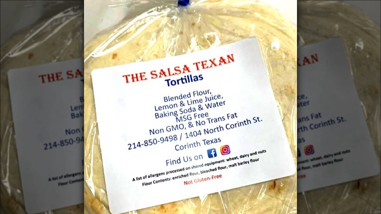 The Salsa Texan flour tortilla with contact info