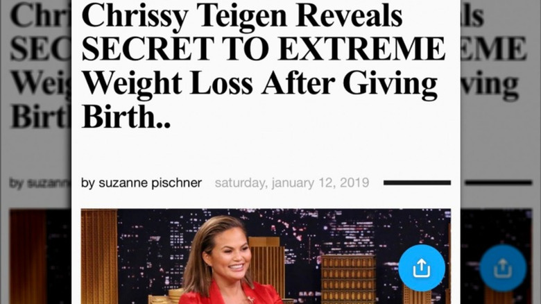 Headline reading "Chrissy Teigen Reveals SECRET TO EXTREME Weight Loss After Giving Birth"