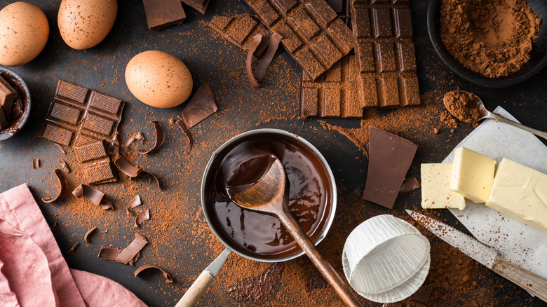 Chocolate, eggs, and butter on counter