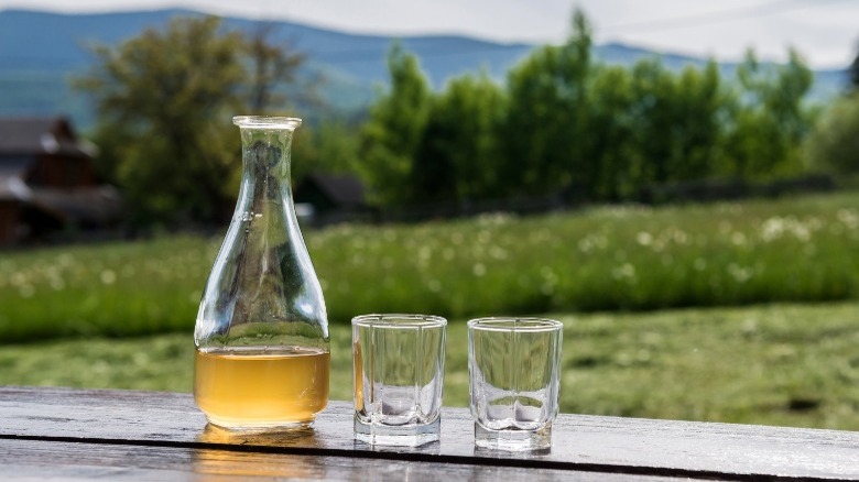 bottle of honey wine with glasses on table, in front of field