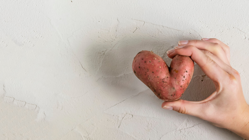 Hand holding misshapen potato 