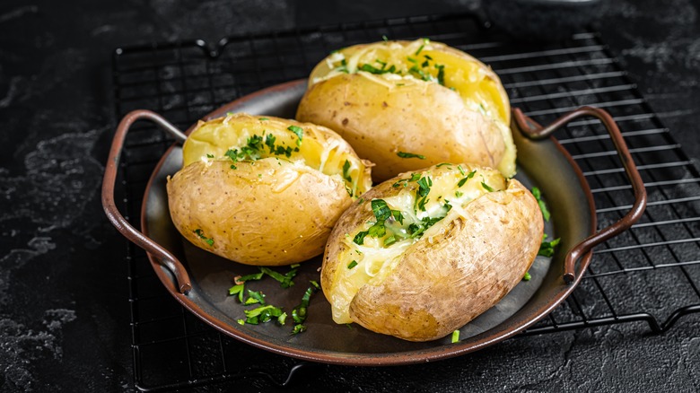 Baked potatoes on rack