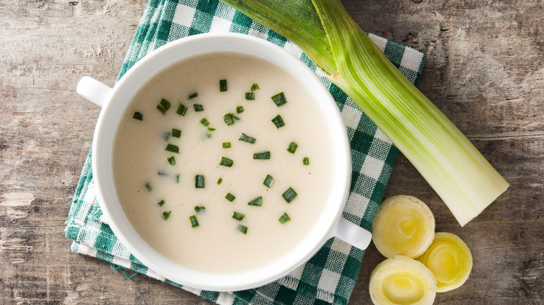 Bowl of vichyssoise soup with leeks