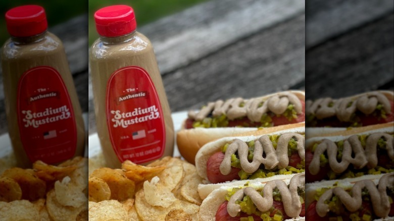 Stadium Mustard with hot dogs