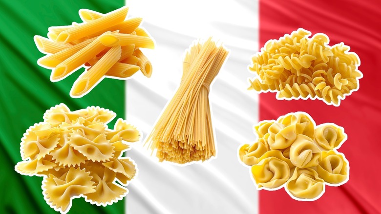 Pasta shapes overlaid on Italian flag