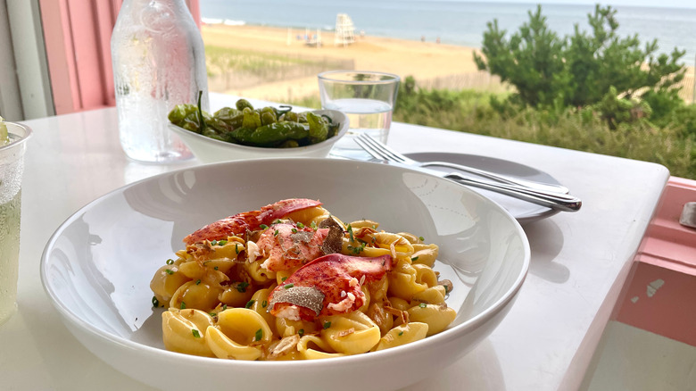 A plate of luxurious Velveeta pasta at Bounce in Montauk, New York