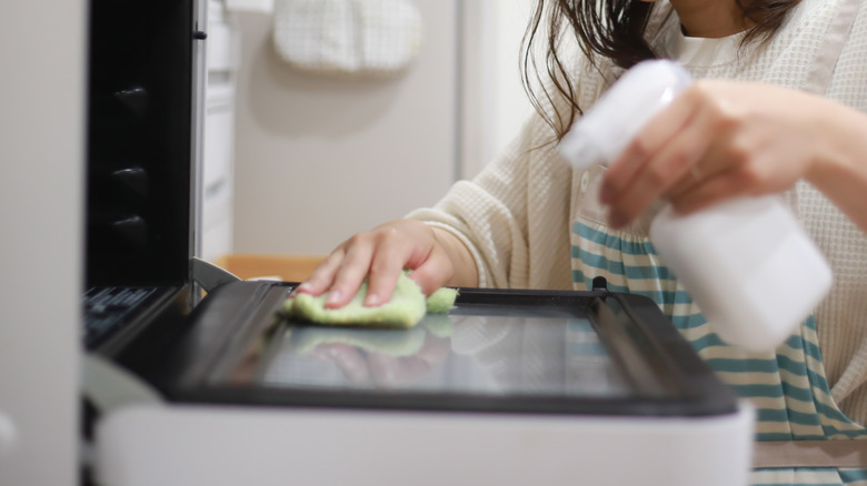 Person cleaning toaster oven