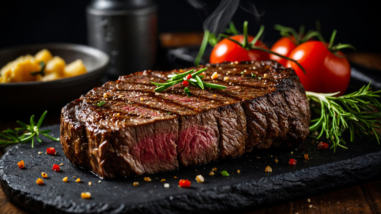 Seared steak on a plate garnished with rosemary and spices