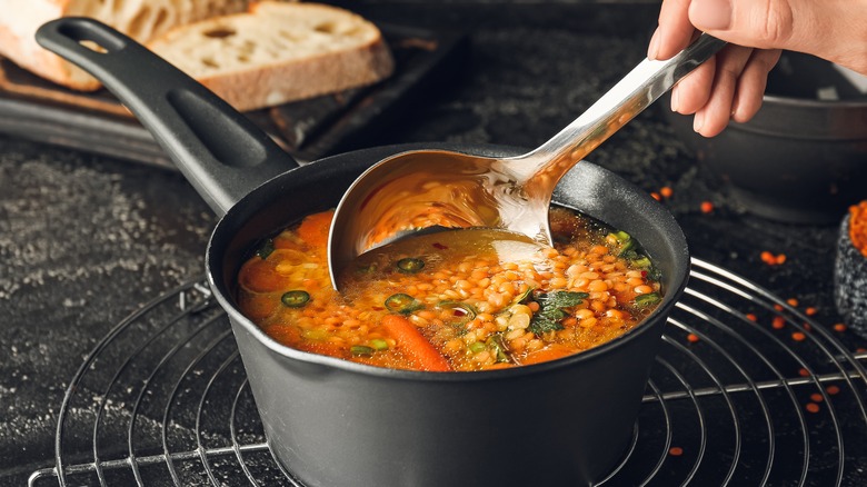 ladle in pot of vegetable soup