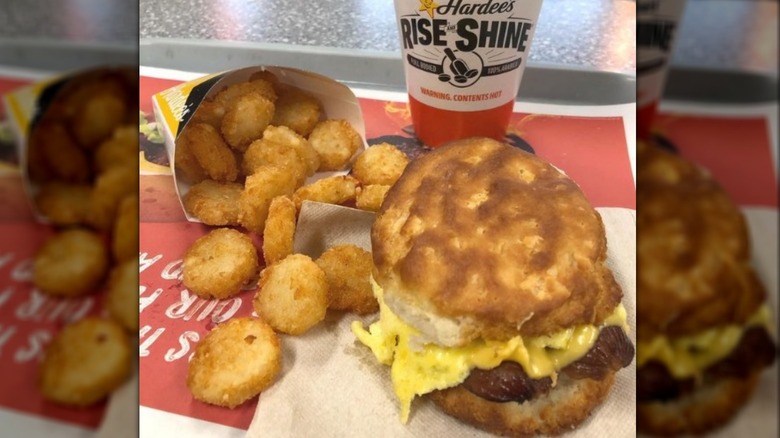 Hardees breakfast sandwich, hash browns, coffee