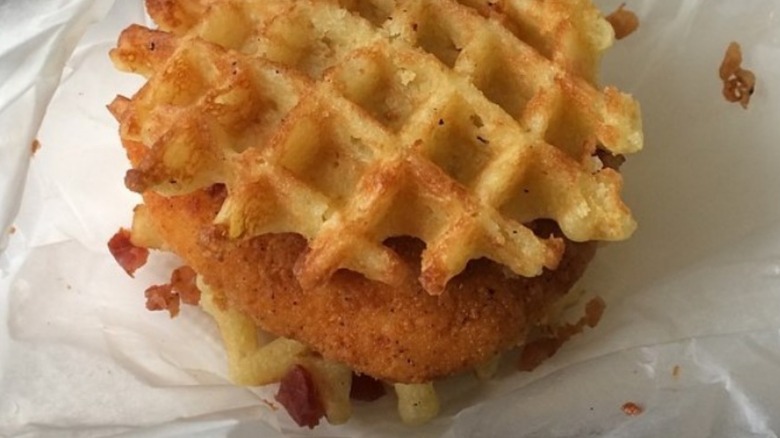 chicken and belgian waffle sandwich