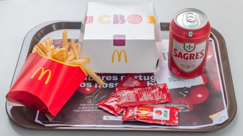 McDonald's meal with can of Sagres beer