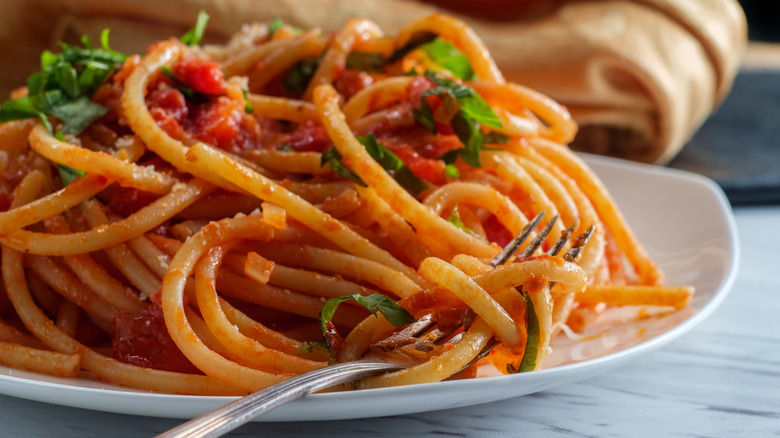 Close-up of spaghetti with fork