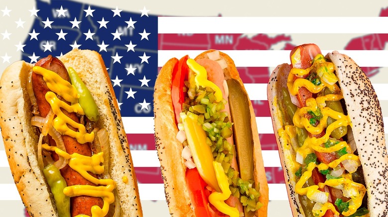 Chicago-style hot dogs against a background of the American flag