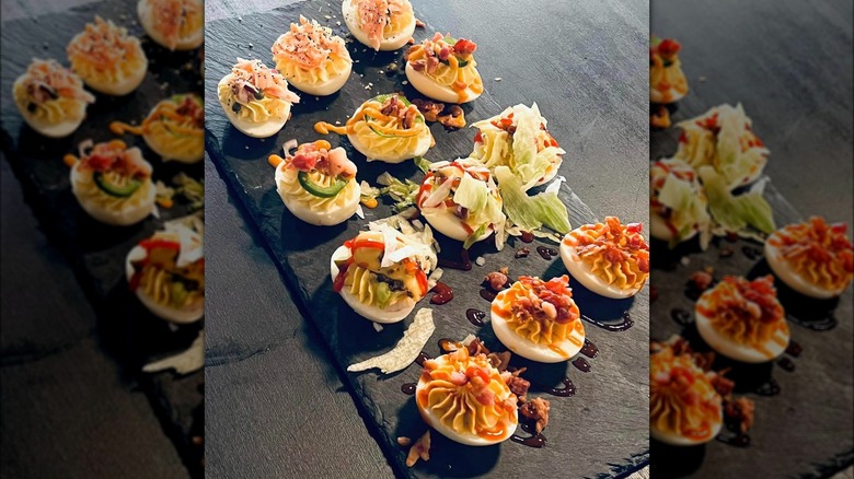 Deviled egg varieties on platter