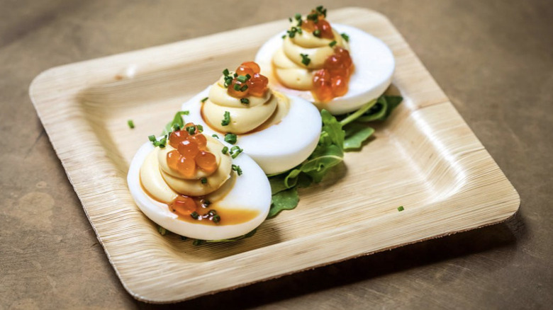 Deviled eggs with salmon roe