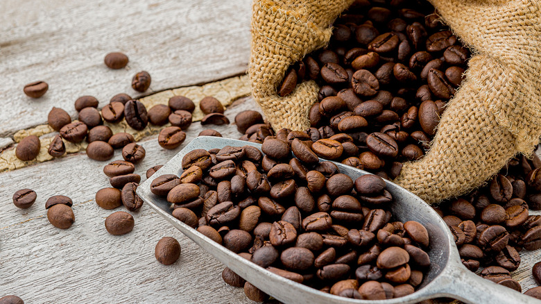 Bag and scoop of coffee beans